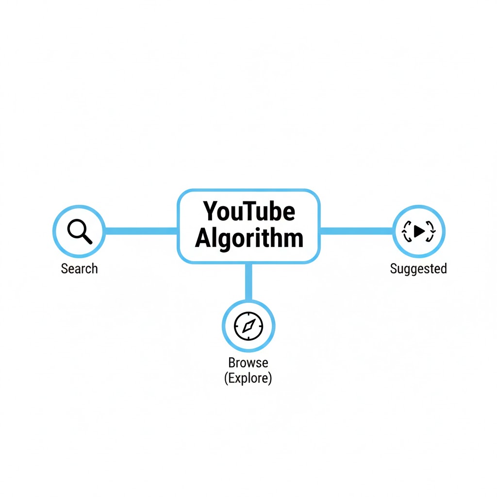 YouTube Algoritması: İzlenme, Keşfet ve Önerilenler Nasıl Çalışır? 2 YouTube algoritmasının arama, keşfet ve önerilenler olarak üç ana sistemden oluştuğunu gösteren şema