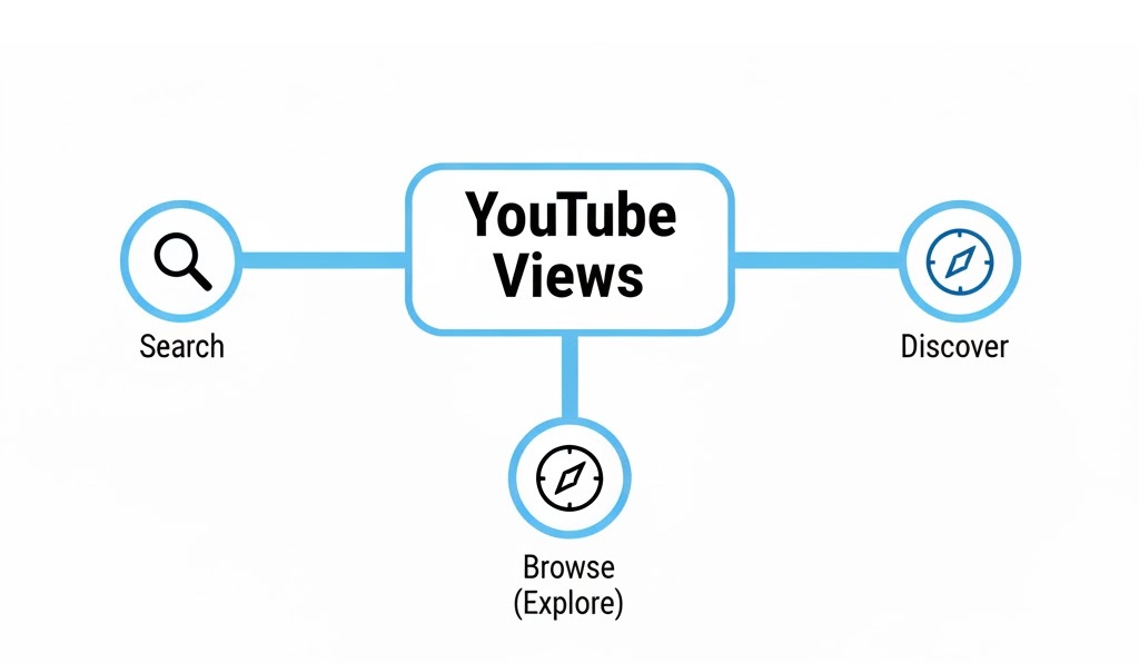 YouTube İzlenme Artmıyor: 11 Teşhis Noktası ve Öncelik Sırası 2 YouTube izlenmelerinin arama, keşfet ve önerilenler kaynaklarından geldiğini gösteren sistem şeması