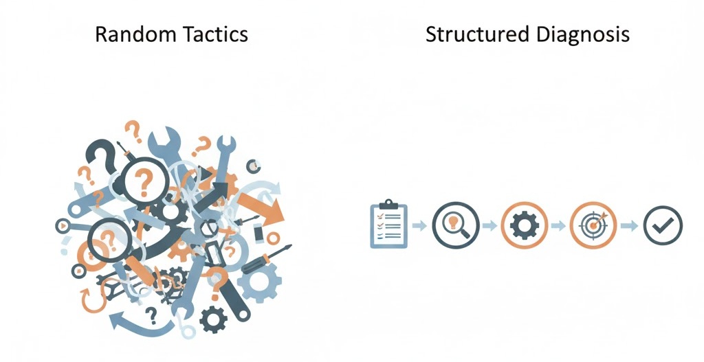 YouTube İzlenme Artmıyor: 11 Teşhis Noktası ve Öncelik Sırası 3 YouTube izlenme sorunlarında rastgele taktiklerle sistemli teşhis arasındaki farkı gösteren görsel