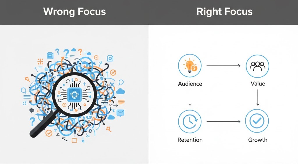 YouTube İzlenme Artmıyor: 11 Teşhis Noktası ve Öncelik Sırası 4 YouTube izlenme artışında algoritmaya odaklanmak ile kitle ve değer odağı arasındaki farkı anlatan görsel