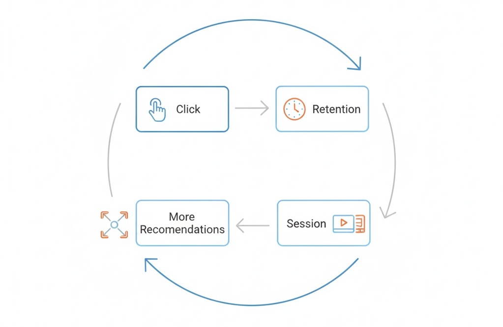 YouTube Önerilen Videolarda Çıkma Taktikleri 2026 (Algoritma Gerçeği) 3 YouTube önerilen algoritmasının izleyici davranış döngüsünü gösteren şema