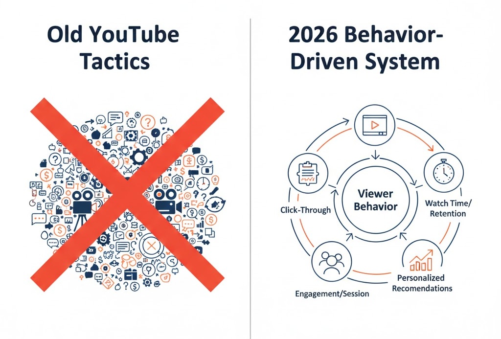 YouTube Önerilen Videolarda Çıkma Taktikleri 2026 (Algoritma Gerçeği) 4 YouTube önerilen videolar için eski taktikler ile 2026 algoritma mantığının karşılaştırması