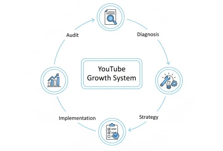 YouTube SEO Uzmanı Ne Yapar? (Kanal Büyümesini Sistem Olarak Kurar) 5 YouTube SEO uzmanının kanal büyümesini audit, teşhis, strateji, uygulama ve ölçüm adımlarıyla sistem olarak ele almasını gösteren görsel