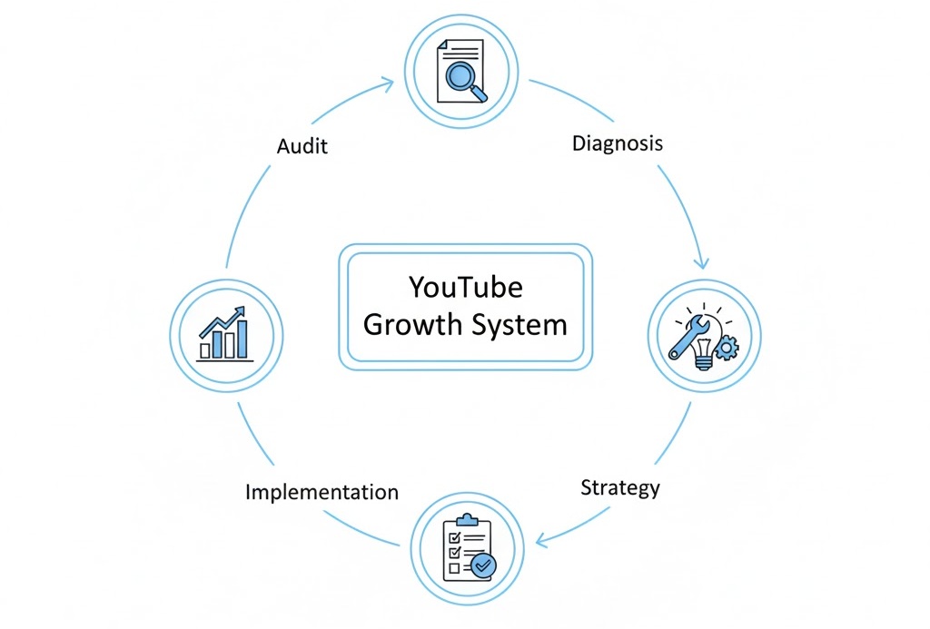 YouTube SEO Uzmanı Ne Yapar? (Kanal Büyümesini Sistem Olarak Kurar) 2 YouTube SEO uzmanının kanal büyümesini audit, teşhis, strateji, uygulama ve ölçüm adımlarıyla sistem olarak ele almasını gösteren görsel