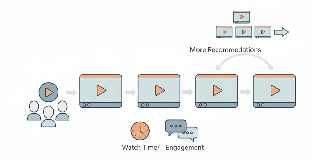 YouTube Önerilen Videolarda Çıkma Taktikleri 2026 (Algoritma Gerçeği) 5 YouTube önerilen sisteminde izleme zinciri ve session depth mantığını gösteren görsel