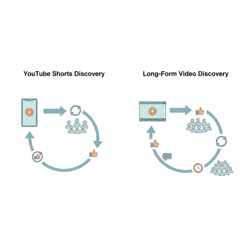 YouTube Videoları Keşfete Düşmüyor: 9 Gerçek Neden ve Net Çözüm Sırası 4 YouTube Shorts ve uzun videoların keşfet sisteminde farklı test mantıklarıyla çalıştığını gösteren görsel