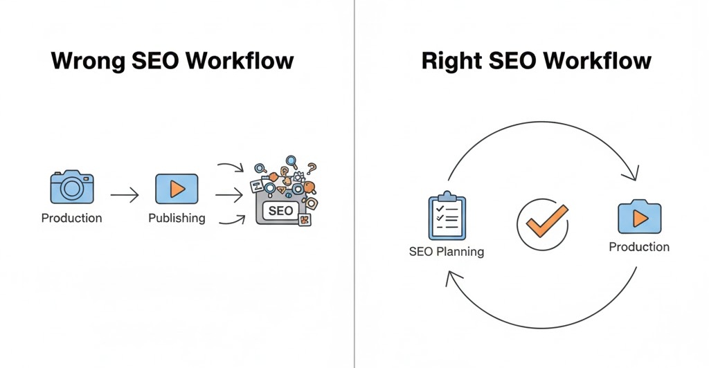 YouTube Video SEO Nasıl Yapılır? (Arama İçin Video Tasarlama Rehberi) 4 YouTube SEO’nun video üretiminden sonra değil, üretim öncesi planlanması gerektiğini anlatan görsel