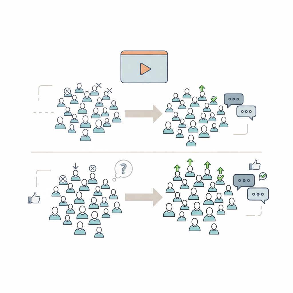 YouTube Videoları Keşfete Düşmüyor: 9 Gerçek Neden ve Net Çözüm Sırası 3 Aynı videonun farklı izleyici kitlelerinde farklı performans göstermesini anlatan görsel